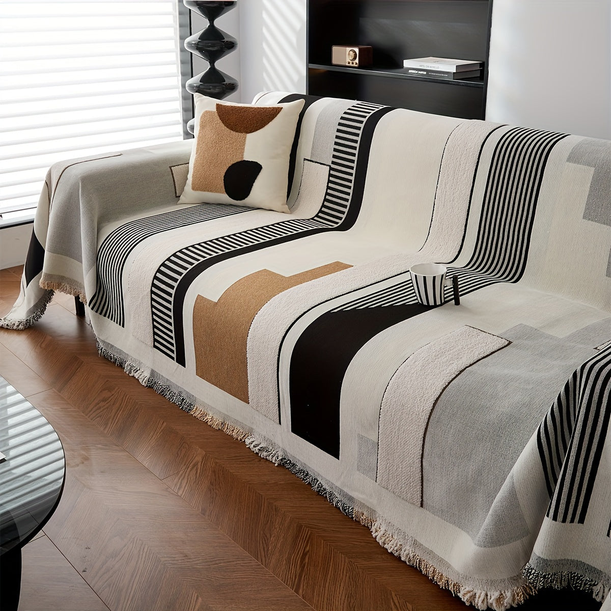 Чехол на диван из шерстяной вуали с бахромой, противоскользящий, всесезонный, для одного до четырех мест