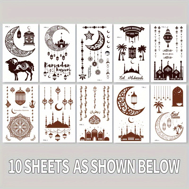 10 Sheets Ramadan Temporary Tattoos for Men and Women Eid Al-Fitr Body Art