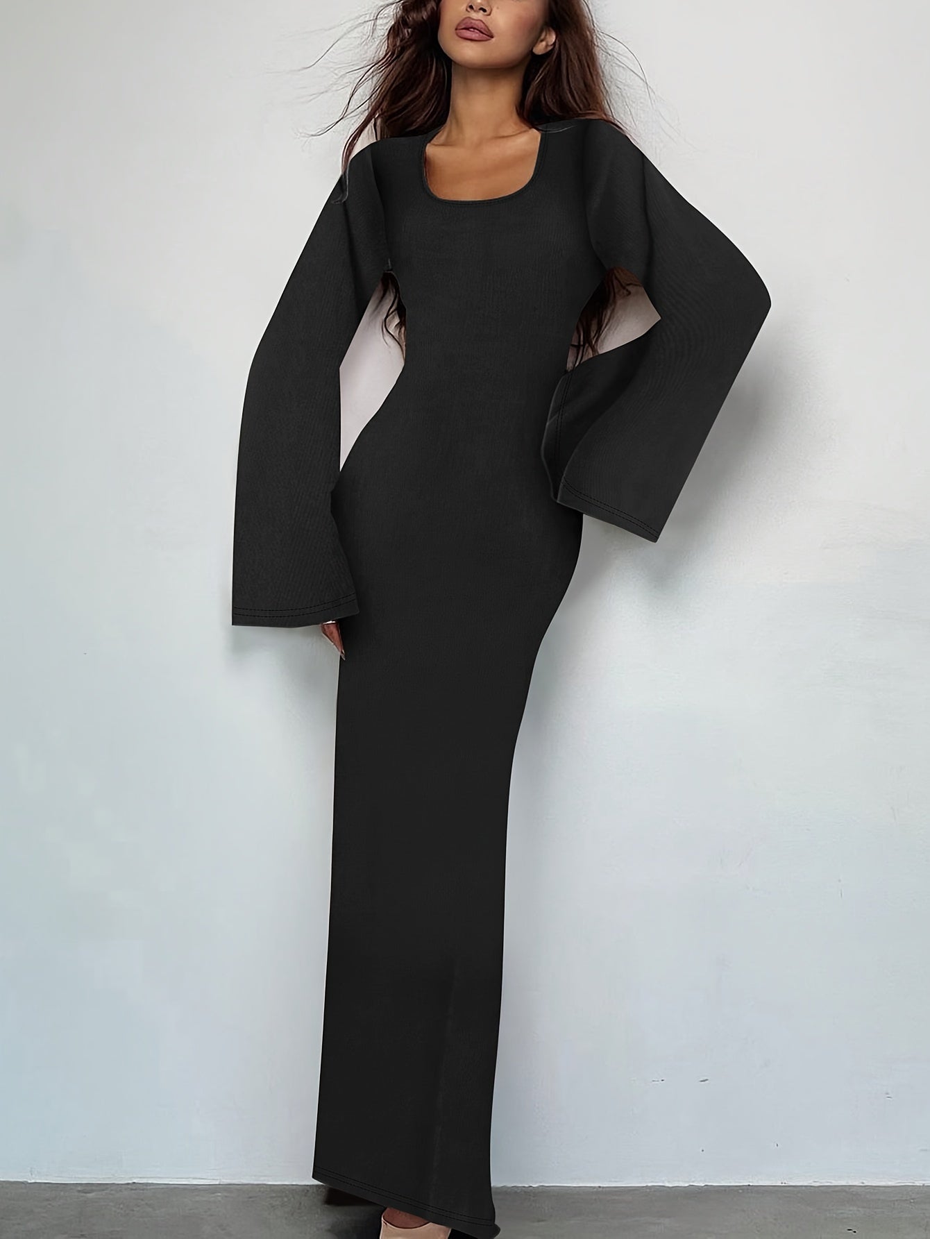 Повседневное платье с длинными рукавами и завязкой на талии для осени/зимы, стильный квадратный вырез, однотонное, можно стирать в машине.