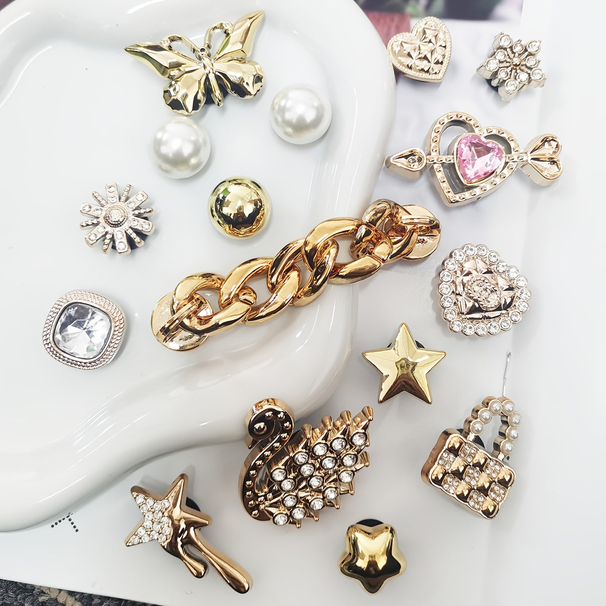 Women's Shoe Charms Set 16pcs Gold Butterfly Heart Rhinestone Snowflake