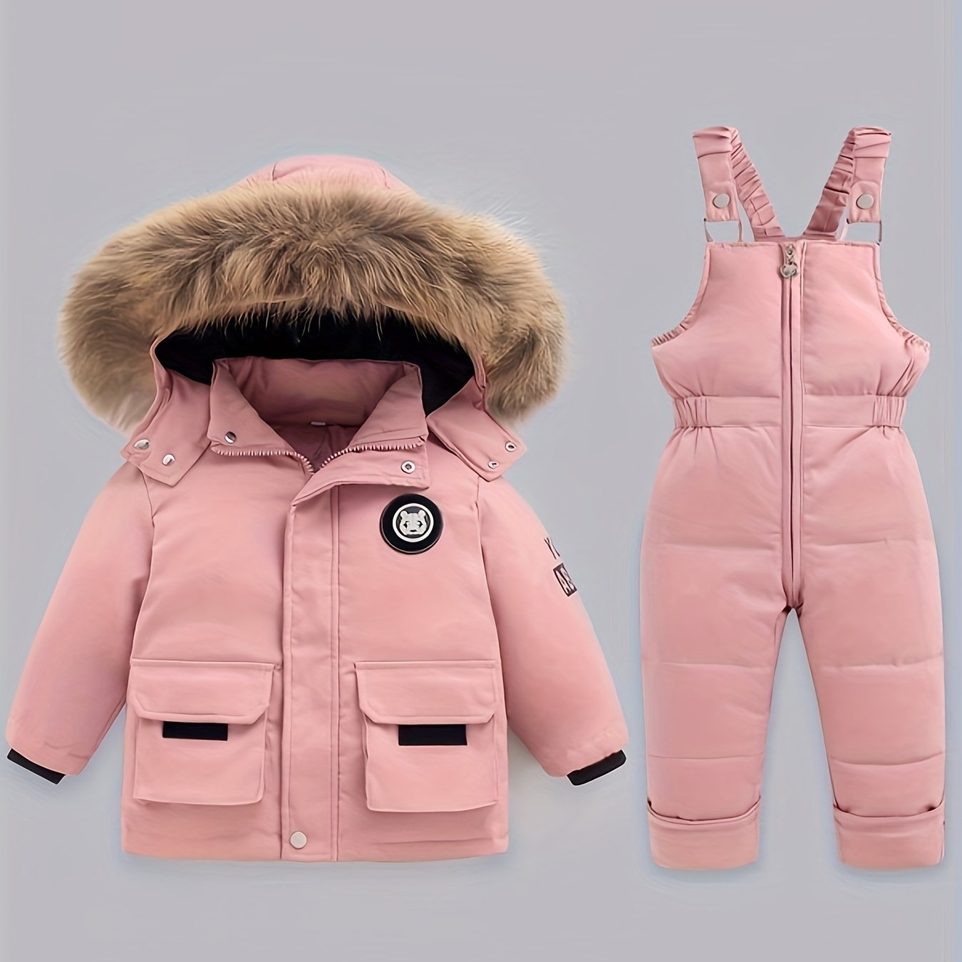 Kids' Winter Jacket and Overalls Set for Boys and Girls Polyester Hooded Zipper Coat and Snow Pants