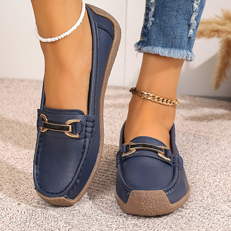 Women Loafers Metal Buckle Slip-On Casual Shoes Non-Slip TPR Sole