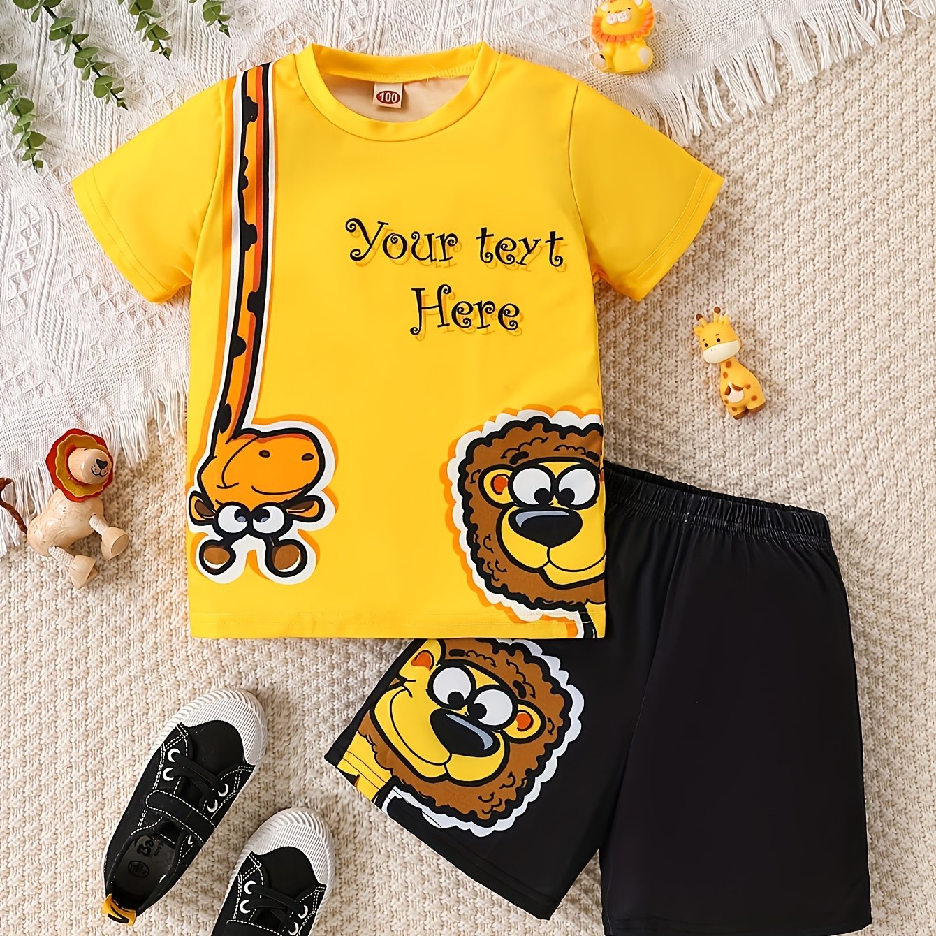 Boys' Summer Outfit Set Polyester T-Shirt and Shorts Cartoon Lion Breathable Knit Age 12 and Under