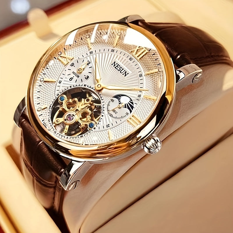 Men's Mechanical Watch Luminous Hollow Business Stainless Steel Leather Strap