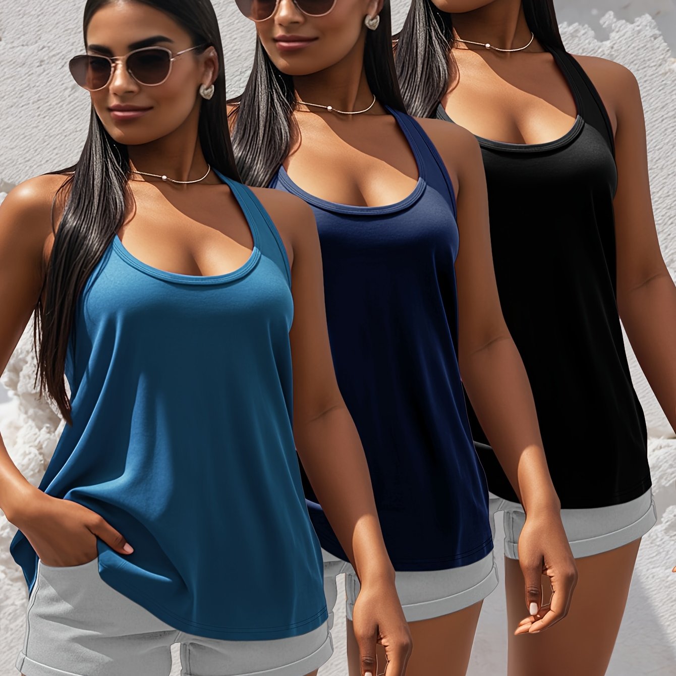 Set of 3 Women's Cotton Plain Tank Tops Basic Sleeveless Shirts