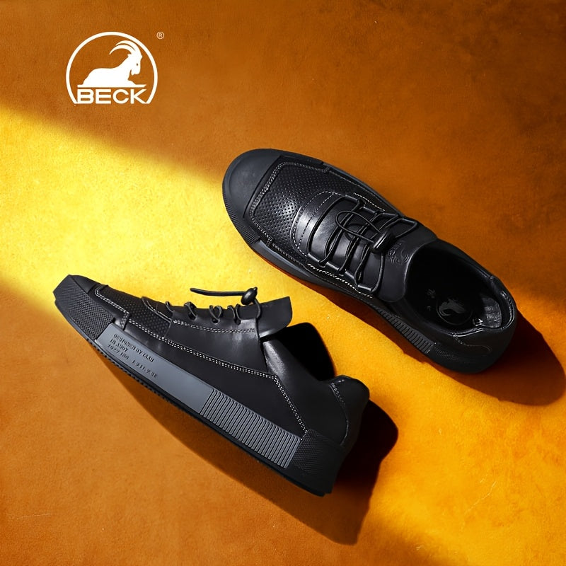 Men's Leather Sneakers with Striped Lace-Up Design, Rubber Sole, Breathable Fabric Inner