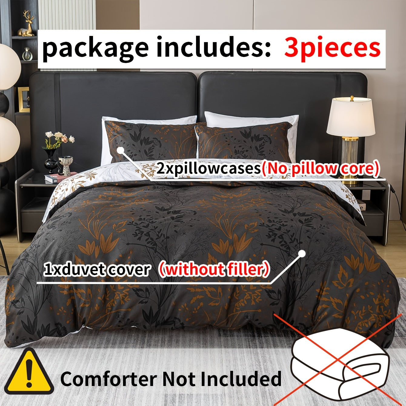 Floral Print Polyester Duvet Cover Set with Pillowcases All-Season Bedding