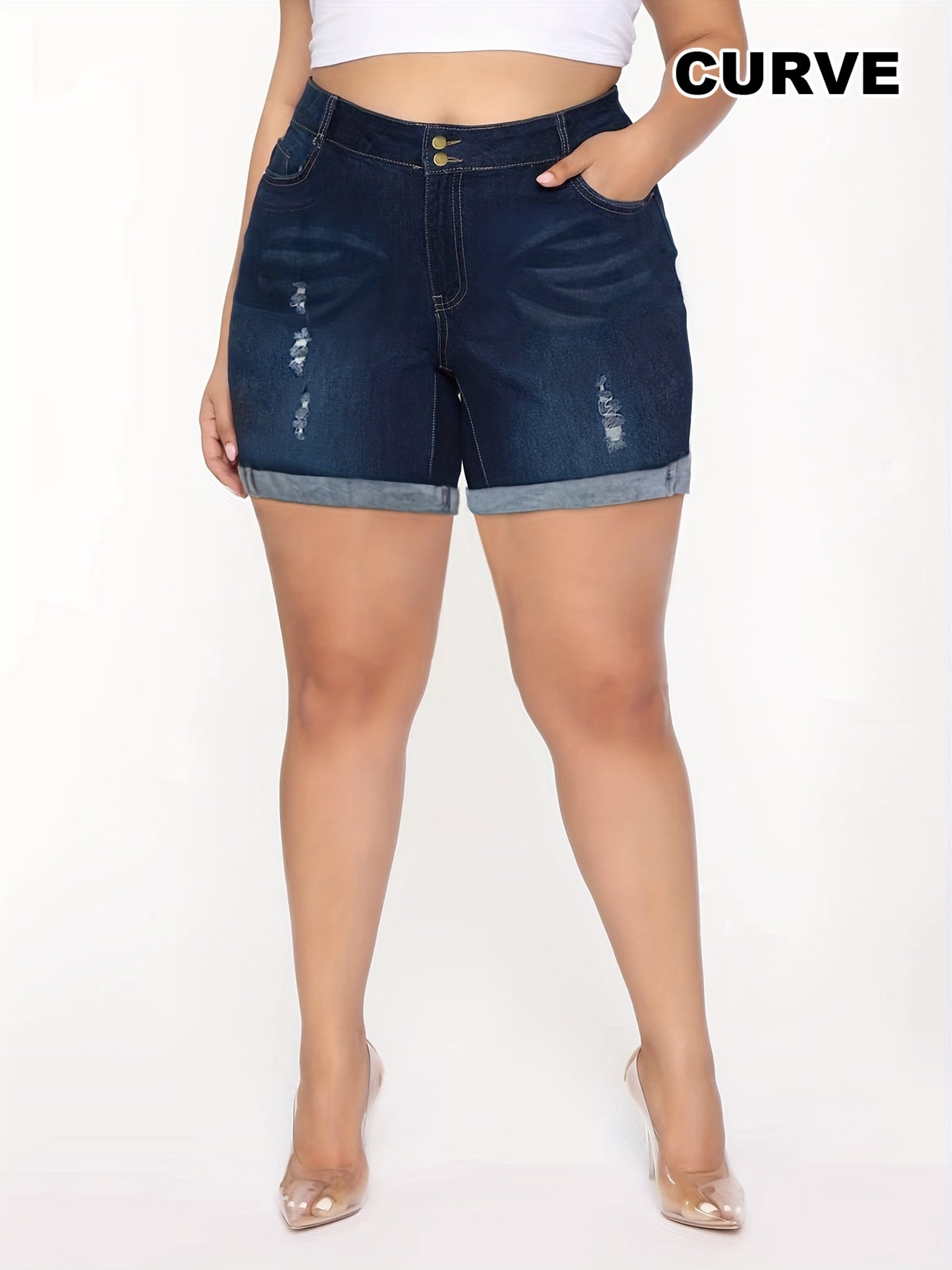 Plus Size Women's Denim Shorts Ripped Mid-Stretch CuffedSummer Casual