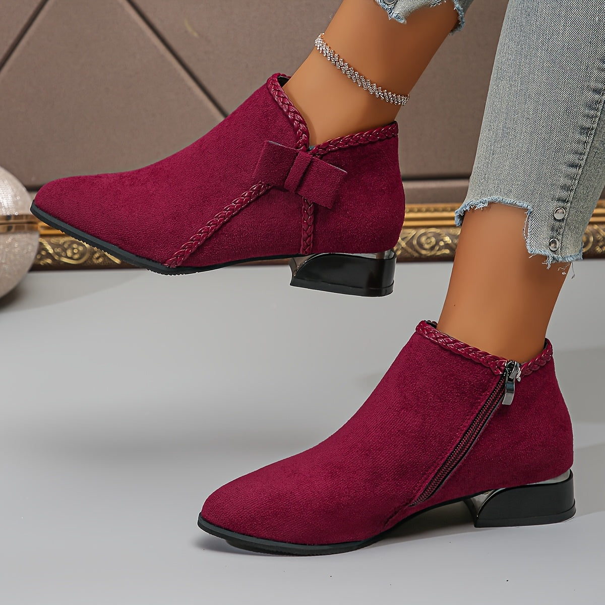 Women's Corduroy PU Ankle Boots with Bowknot and Chunky Heel
