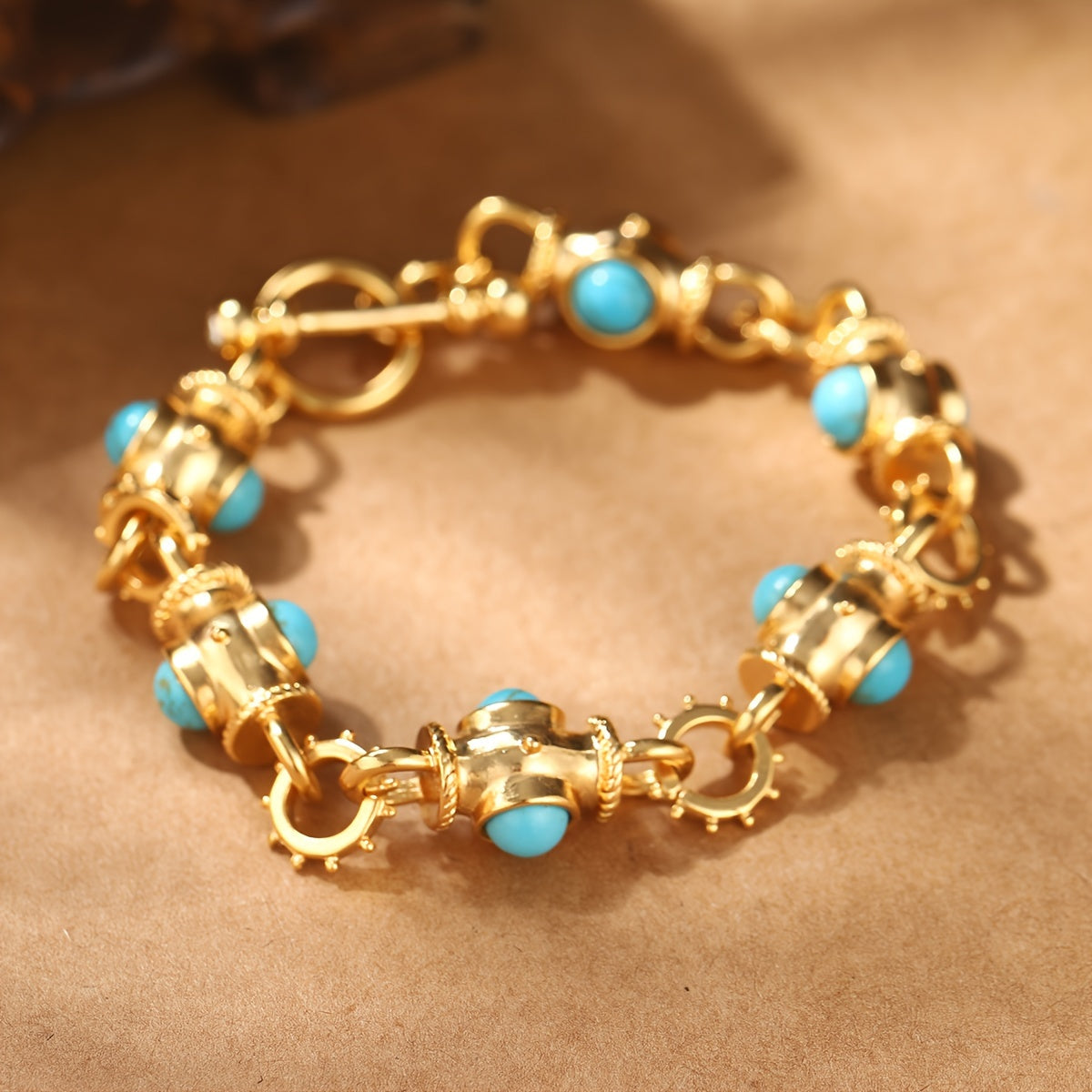 Gold-Plated Alloy Bracelet for Women with Turquoise Accents and Geometric Links