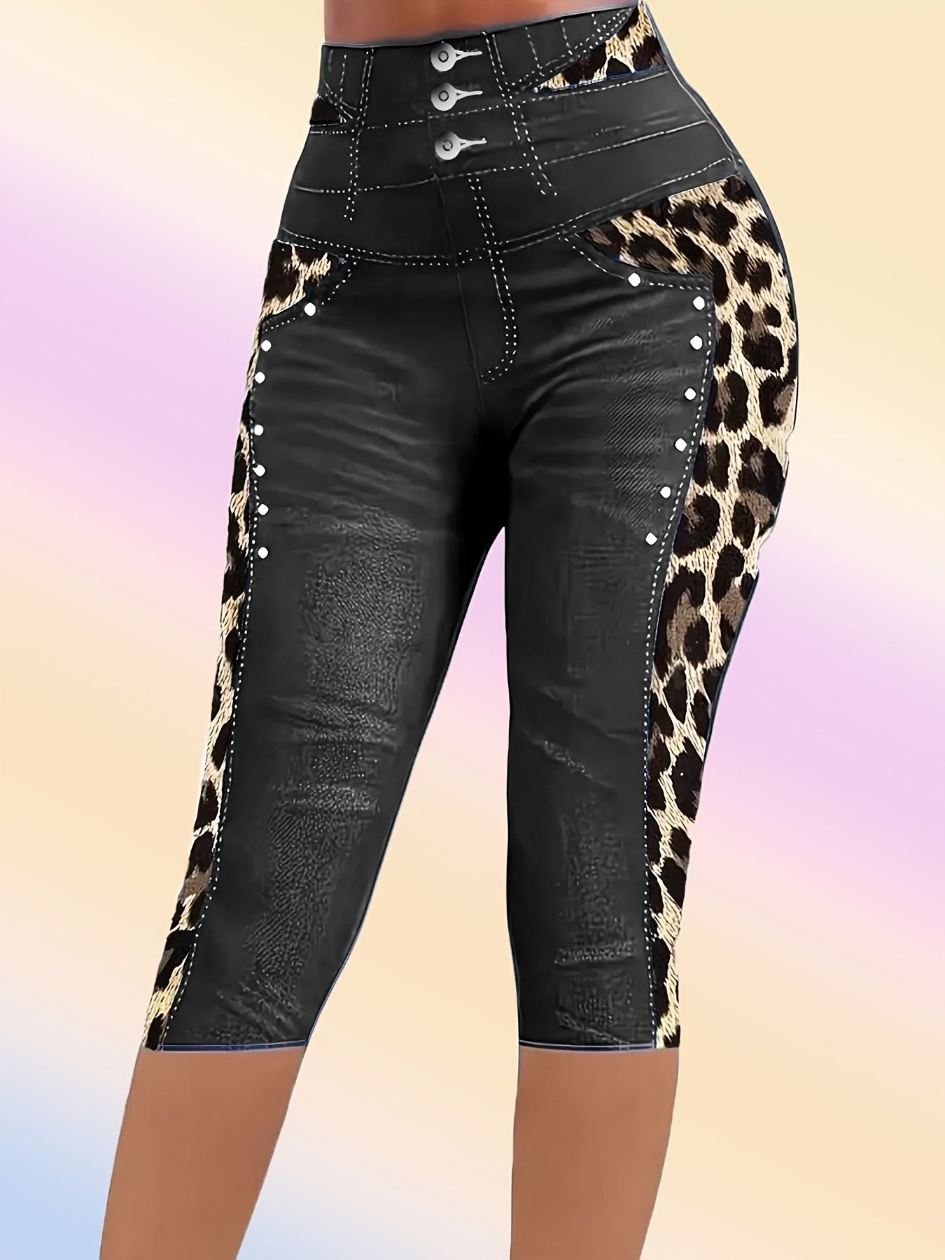 Plus Size Women's High-Stretch Imitation Denim Mid-Length Leggings with Leopard Print