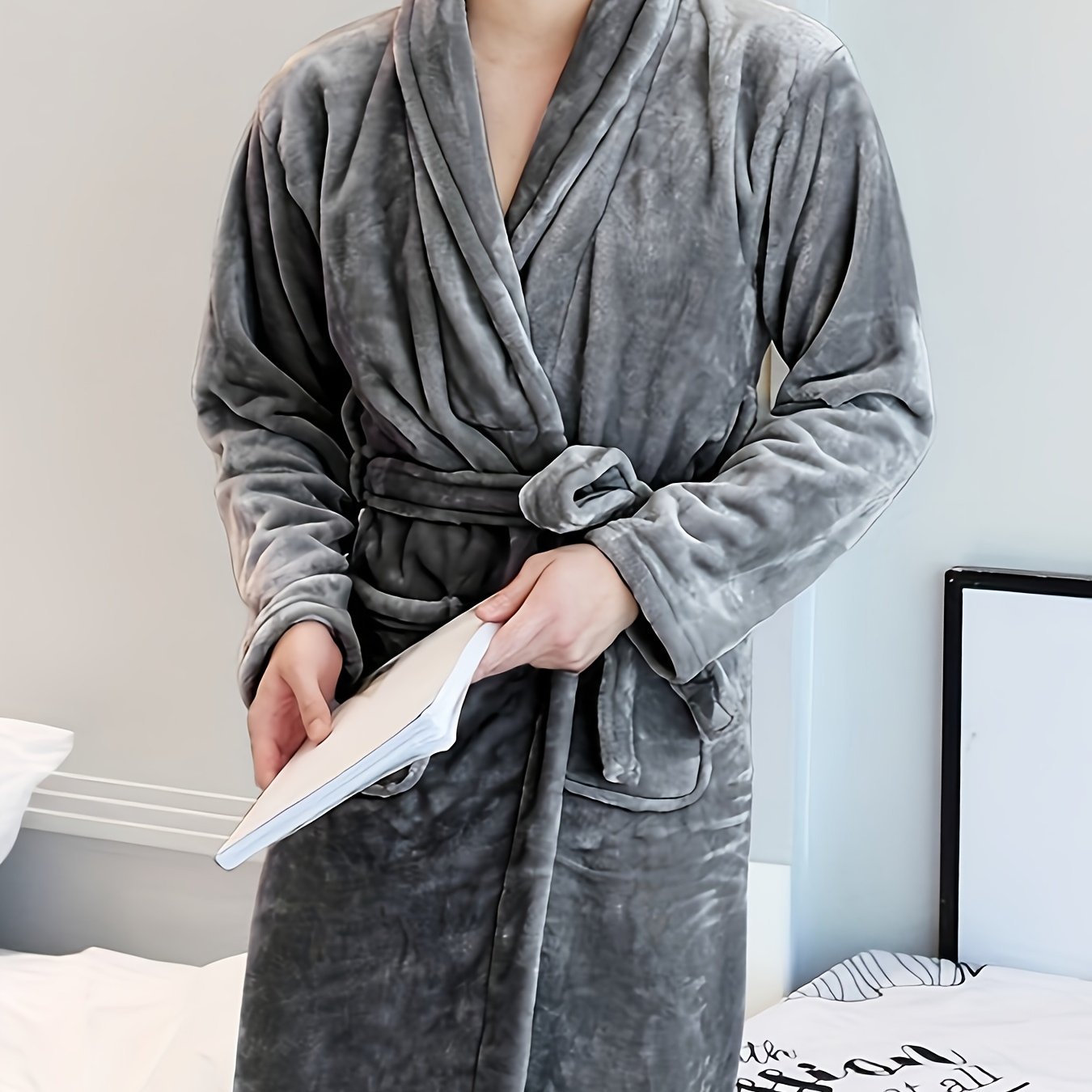 Luxurious Plush Fleece Bathrobe for Women Fall Winter Long Sleeve V-Neck Tie Belt