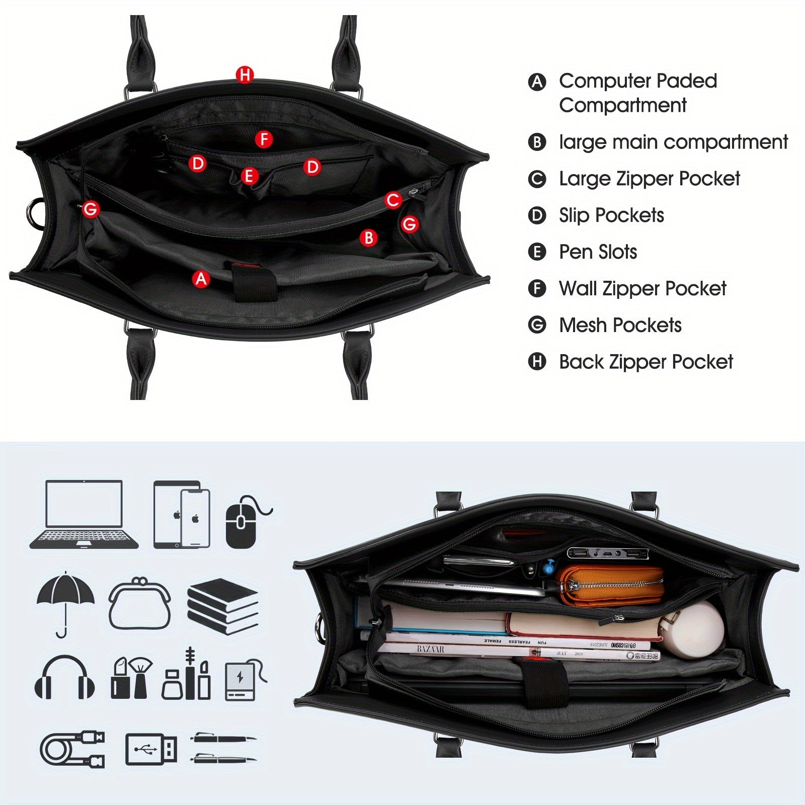 Women's Waterproof Faux Leather Laptop Briefcase with Adjustable Strap Black