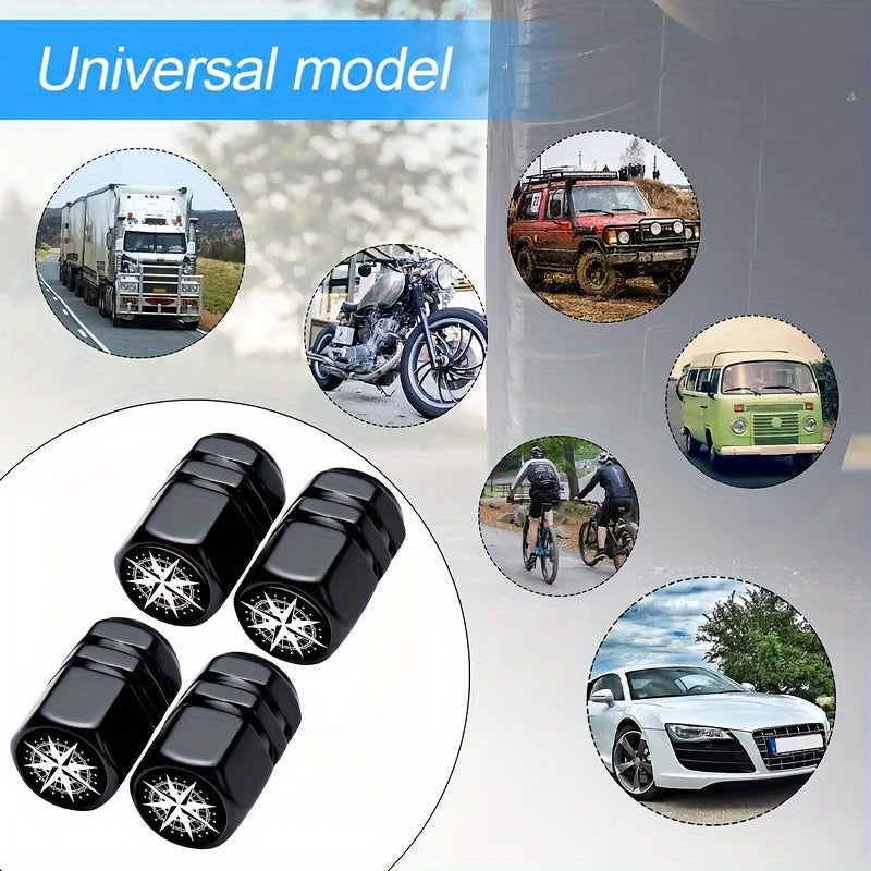 4PCS Black Aluminum Alloy Tire Valve Caps Stylish Compass Design for Cars SUV Motorcycle