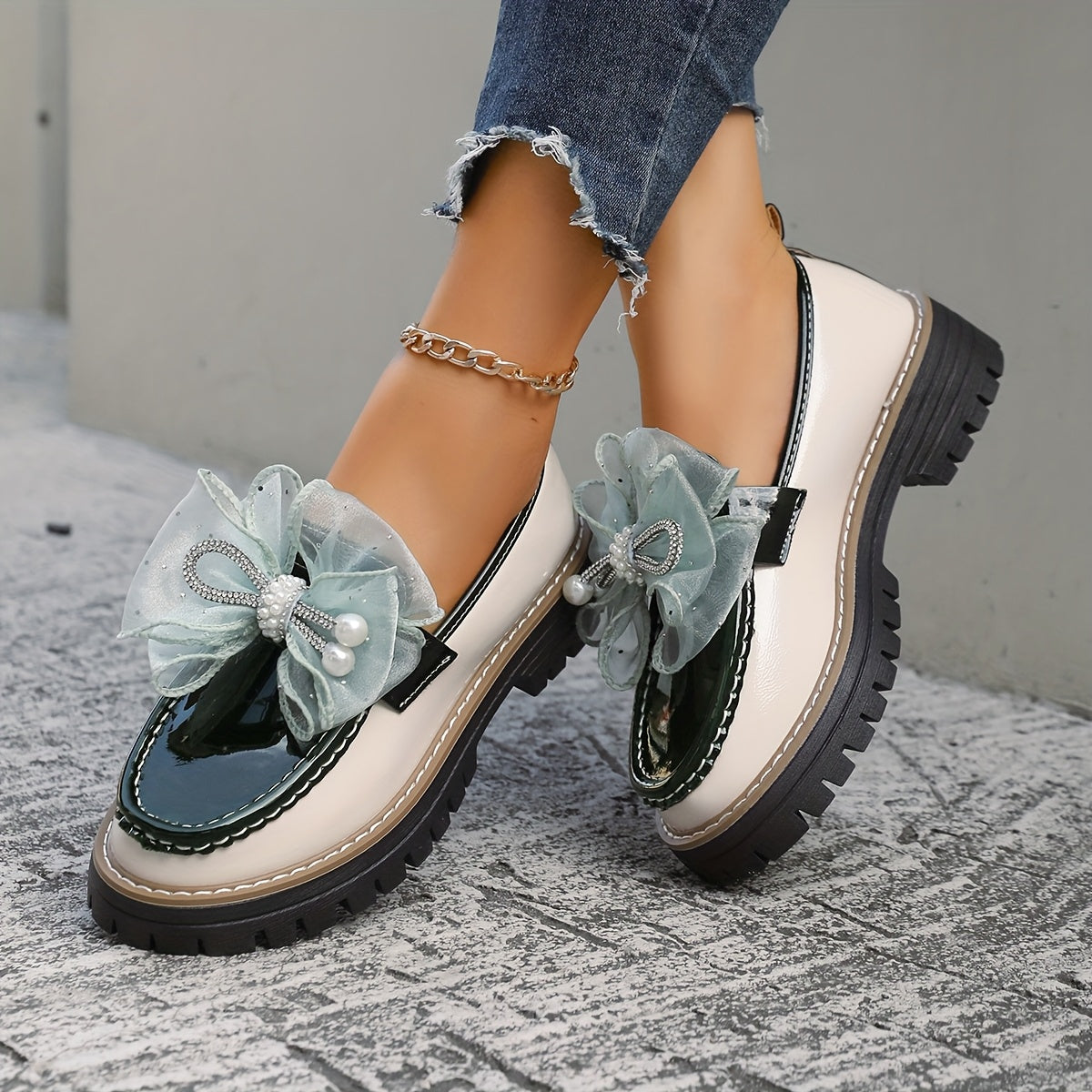 Women's Chunky Platform Loafers Slip-On Rhinestone Bow Synthetic Rubber Sole