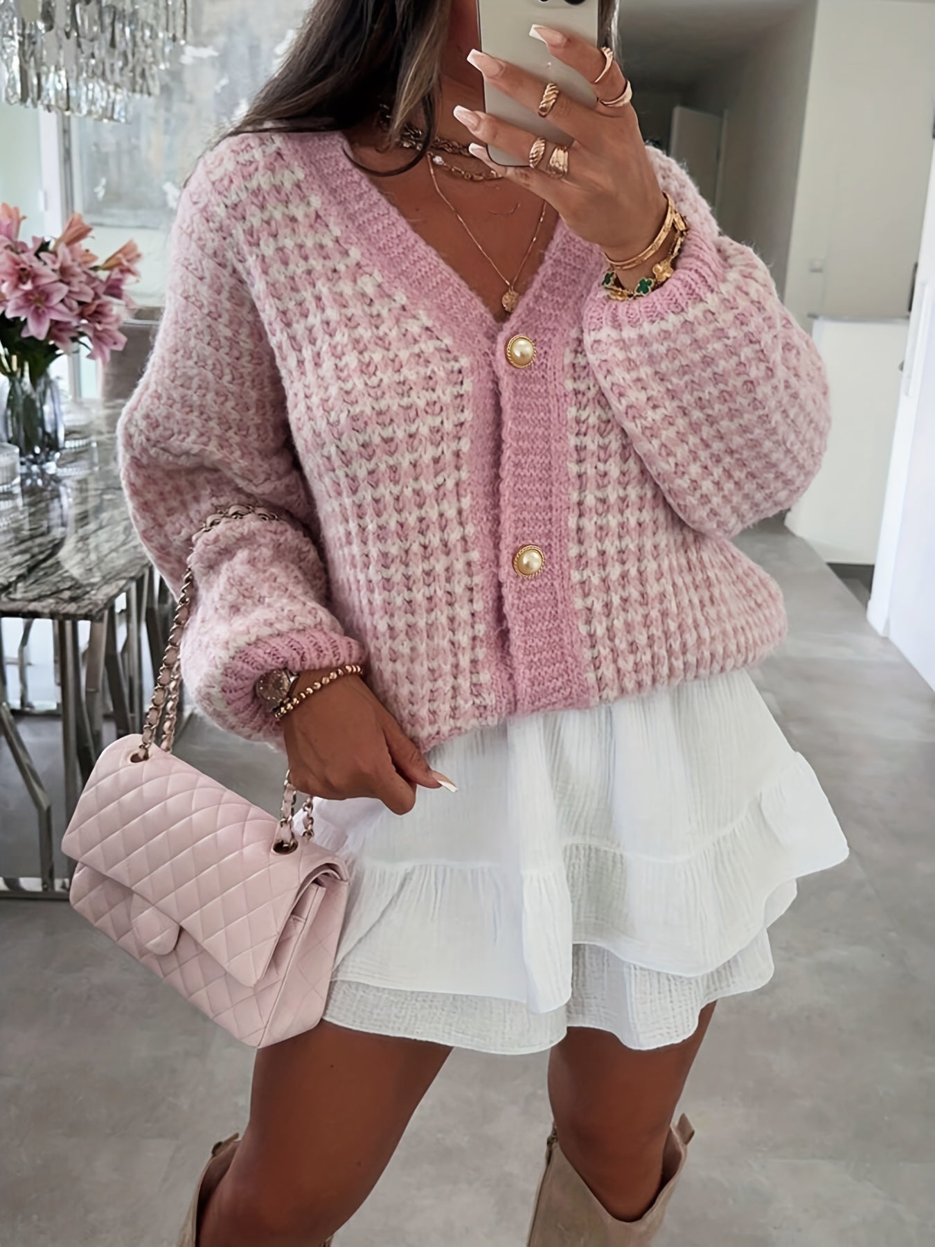 Ayollar uchun katta o'lchamli trikotaj kardigan polyester aralashmasi, bo'yinbog'siz, bir rangli, kuz/qish kofta