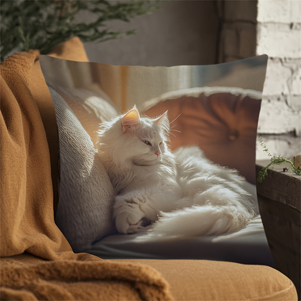 White Cat Print Cushion Cover Reversible Polyester Farmhouse Style Home Decor