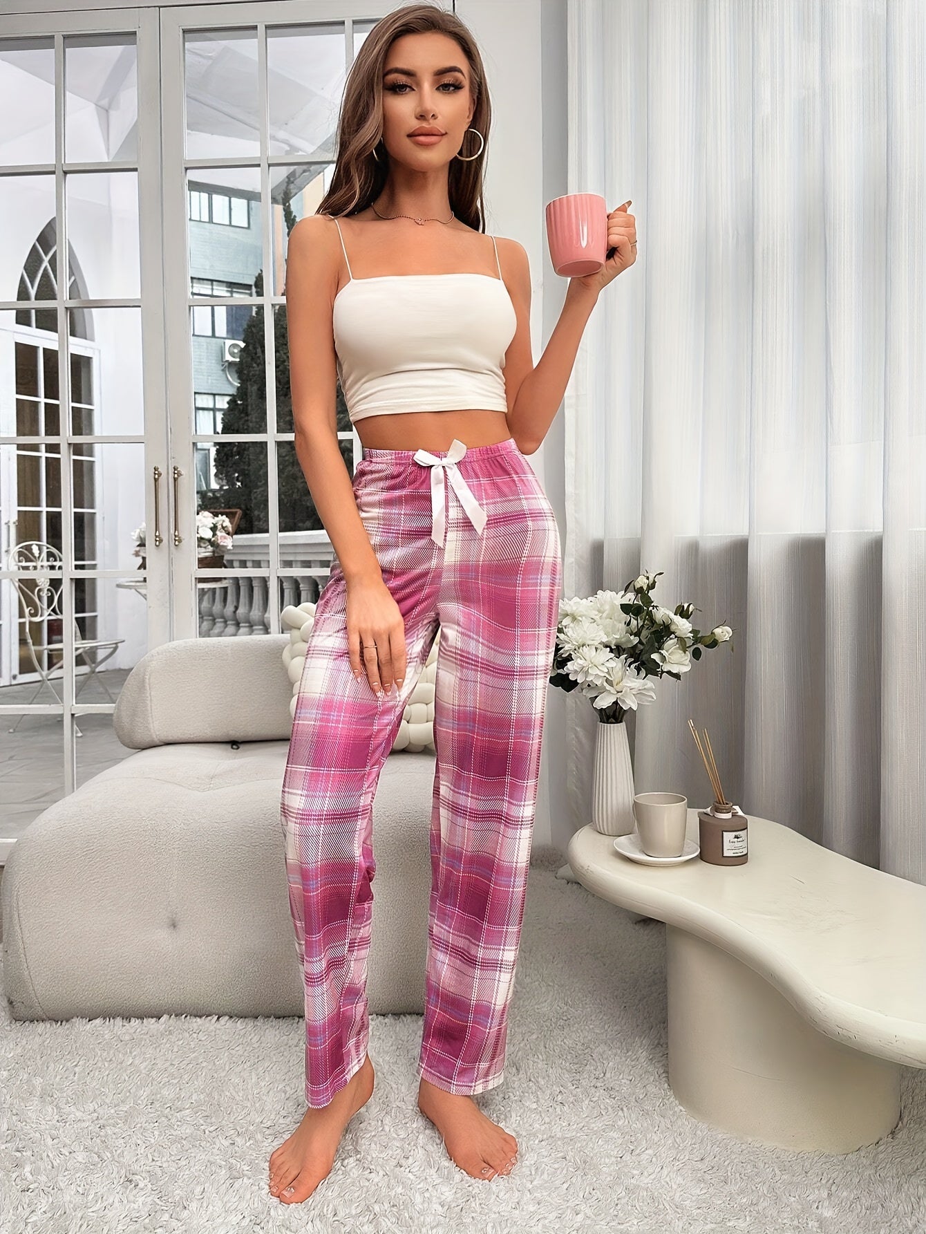 Women's Plaid Bow Elastic Pajama Pants Casual Sleepwear Bottoms All Season