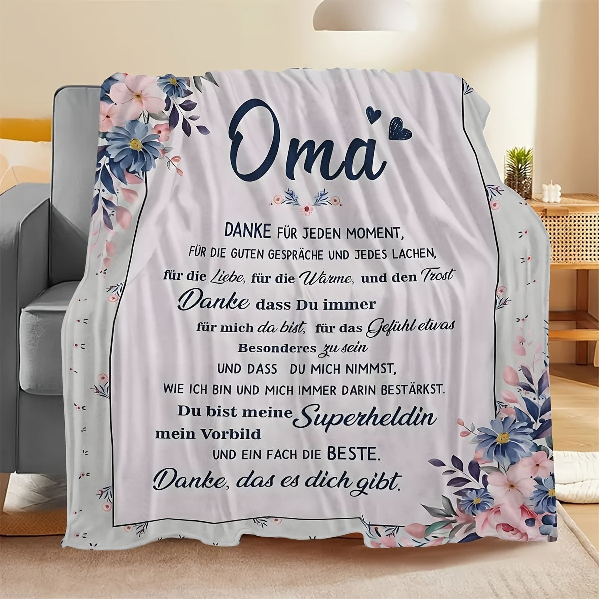 Personalized Oma Floral Blanket for Grandmother Knit Polyester All-Season Stain-Resistant Gift