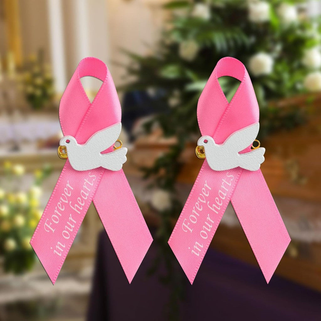 Pink Satin Ribbon Pins with Dove and "Forever in Our Hearts" Memorial Brooches