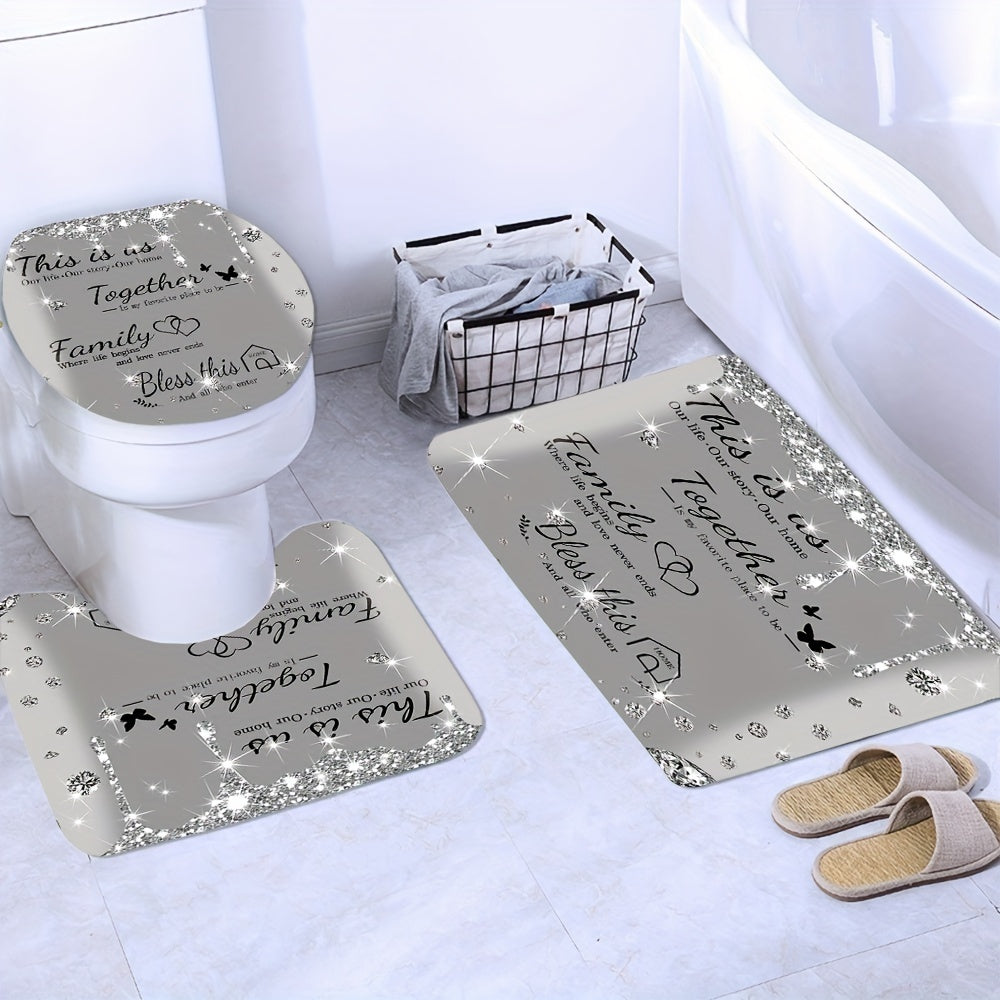 Set of 4 Gray Shower Curtains with Diamond Letter Print Bath Mats Non-Slip Carpet Toilet Lid Cover Bathtub Partition