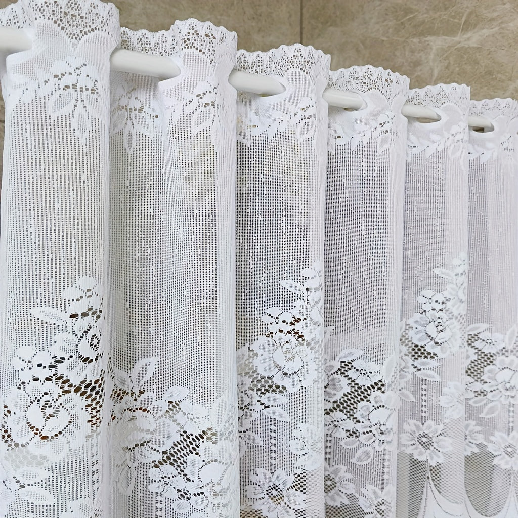 Oq gullar bilan tikilgan dantel parda, rod pocket bilan, oshxona yoki hammom uchun tulle qisqa valans. Kichik derazalar va shkaf qoplamalari uchun mukammal, bu changdan himoyalovchi yarim parda uy dekoringizga nafislik qo'shadi.