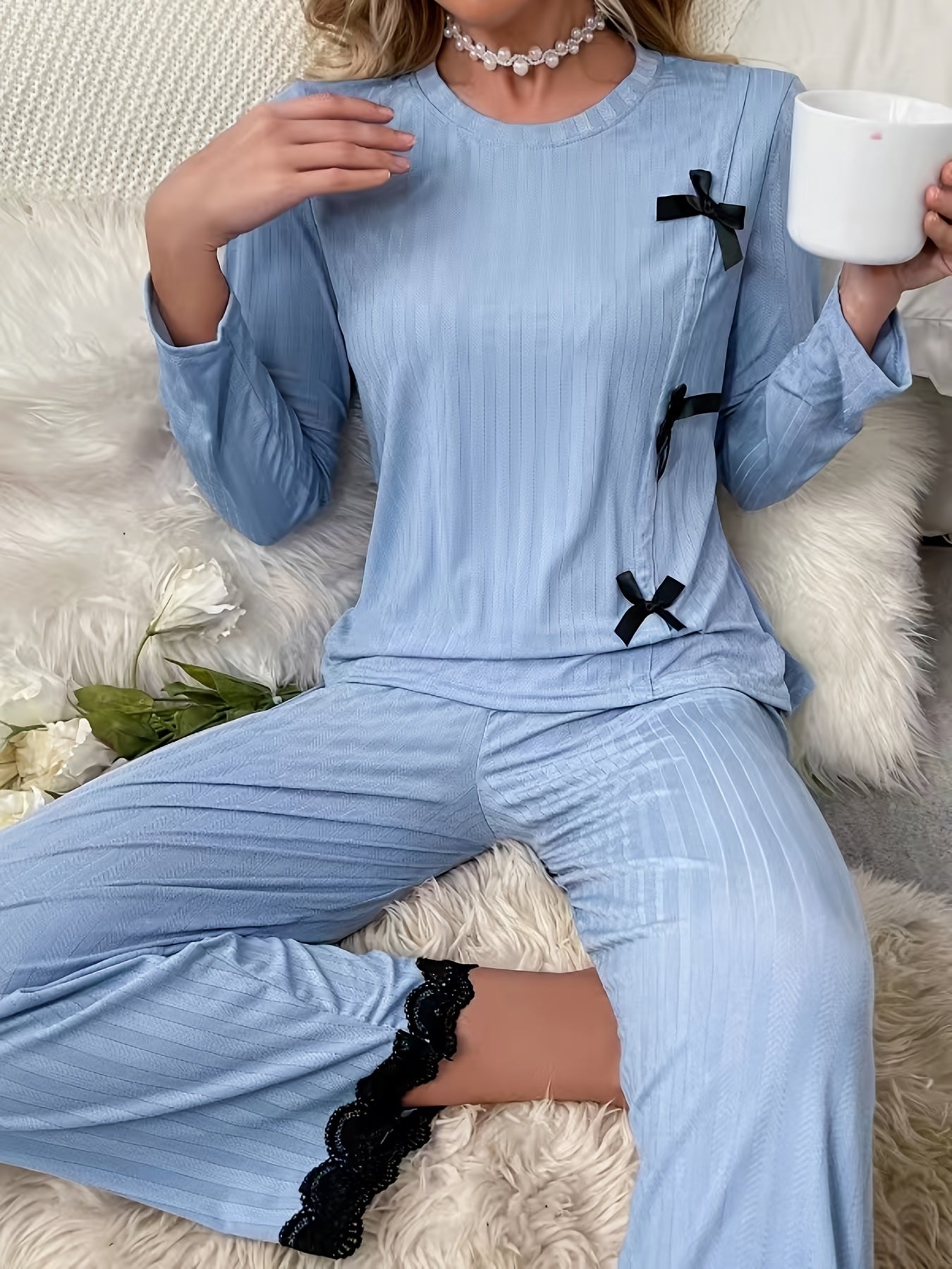 Women's Solid Lounge Set with Crew Neck Top and Lace Trim Pants