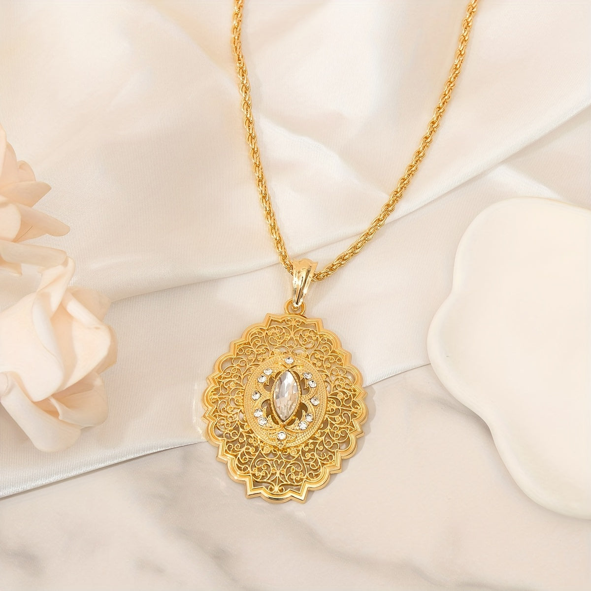 Antique Tribal Pendant Necklace with Synthetic August Birthstone Resin Gold Plated Floral Hollow Design for Bridal and Everyday Wear