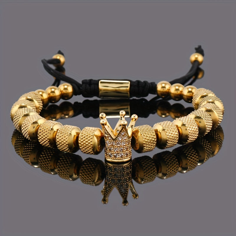 Luxury CZ Royal Golden Crown Beads Stainless Steel Men's Bracelet Jewelry Gift