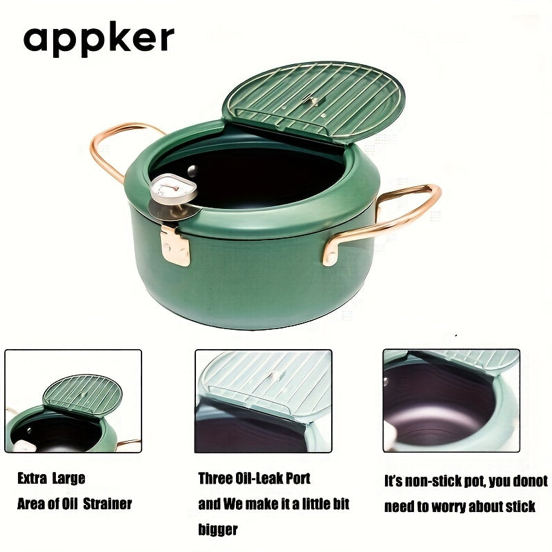 Deep Fryer with Thermometer Non-Stick Carbon Steel Large Green Pan Lid and Oil Drip Rack