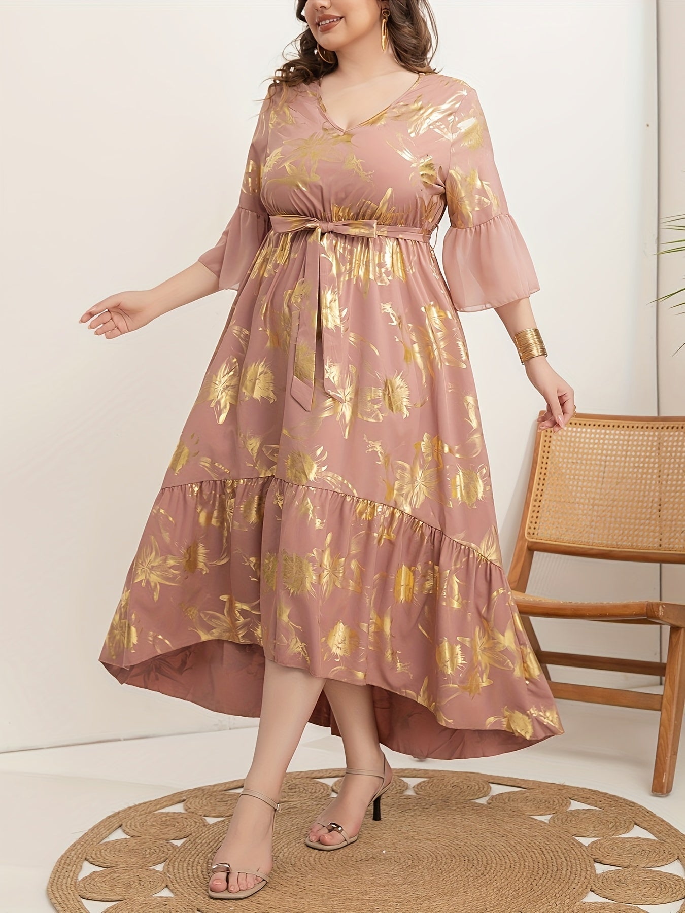 Vestido túnica de mujer talla grande con escote en V, poliéster, para todas las estaciones, tejido con cinturón