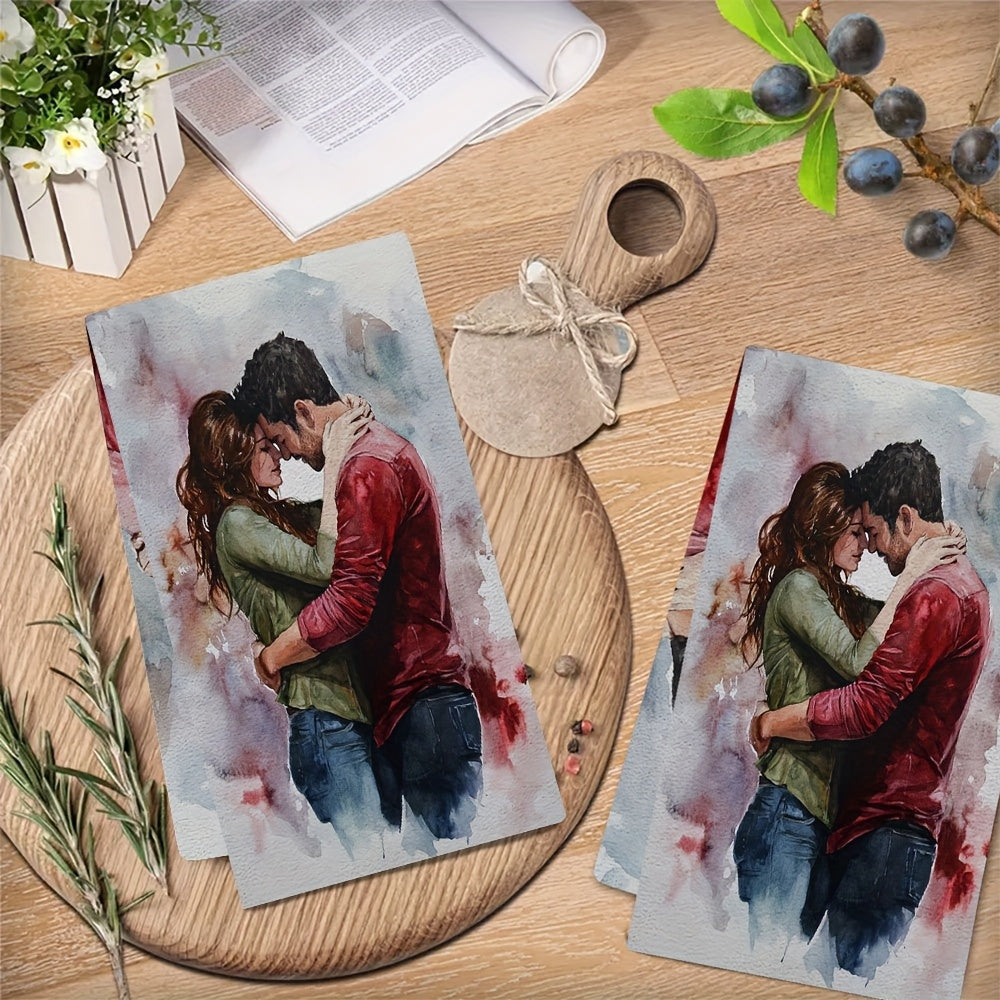 Набор из 2-х кухонных полотенец "Романтические объятия" - Роскошно мягкие, супер впитывающие полиэстеровые полотенца для посуды, легко чистятся, 40,64x60,96 см - Идеально для Дня святого Валентина или повседневного использования на кухне