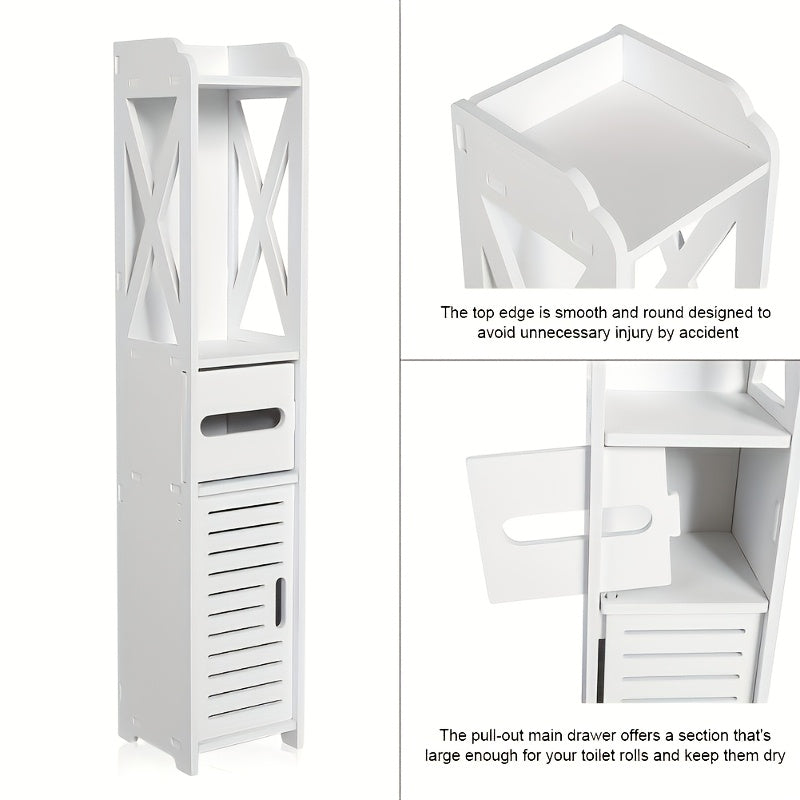 White Bathroom Storage Cabinet with Doors Shelves and Paper Holder