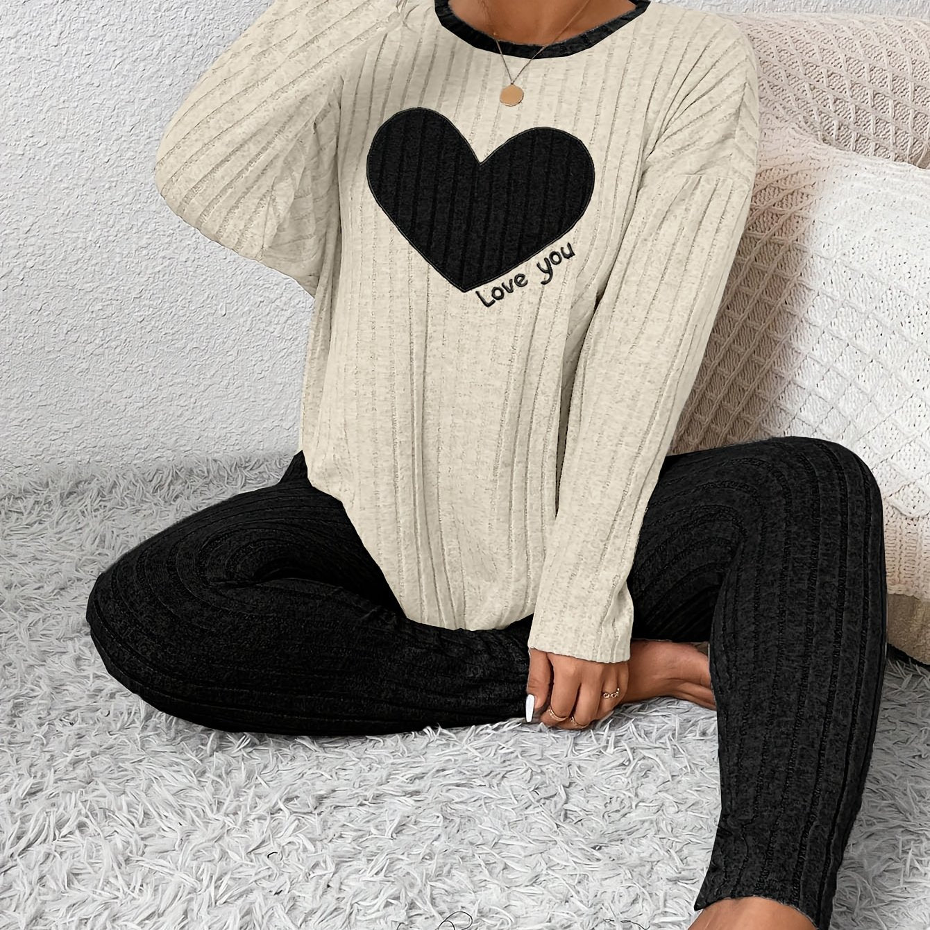 Plus Size Heart Fitted Long Sleeve and Long Pants Loungewear Set