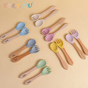 Baby Feeding Set Bamboo and Silicone Fork and Spork for Toddler Self-Feeding