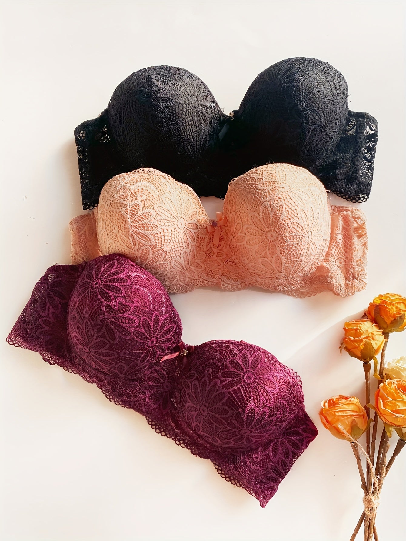 Women's Lace Push Up Bras with Contrast Design and Bow Tie Detail