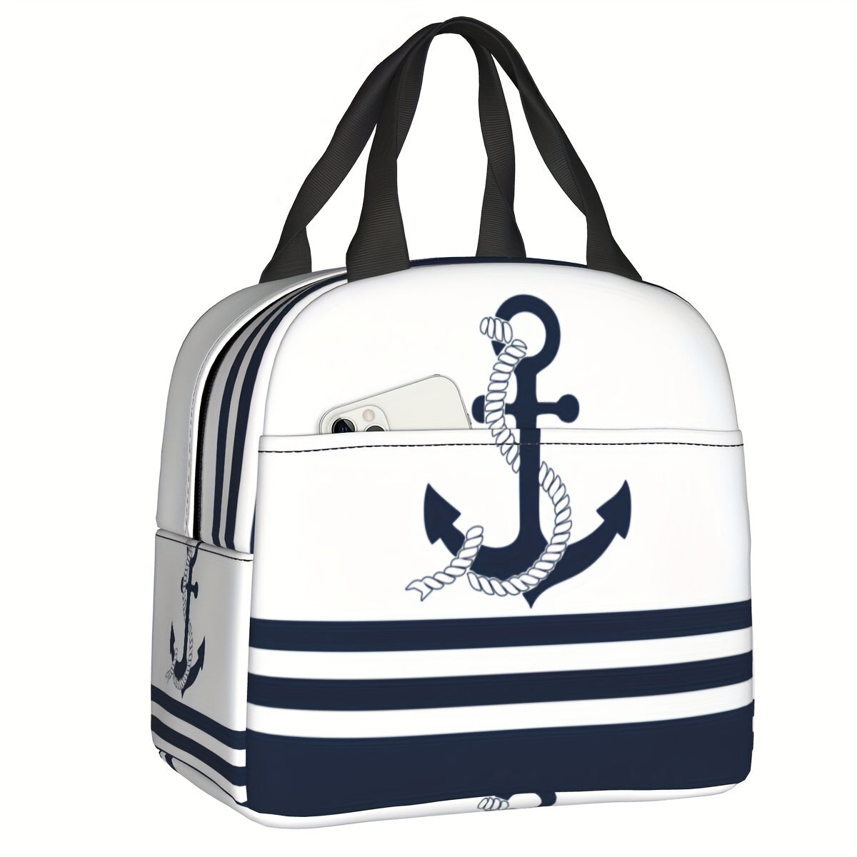 Insulated Lunch Bag Waterproof Oxford Cooler Tote Blue and White Stripes