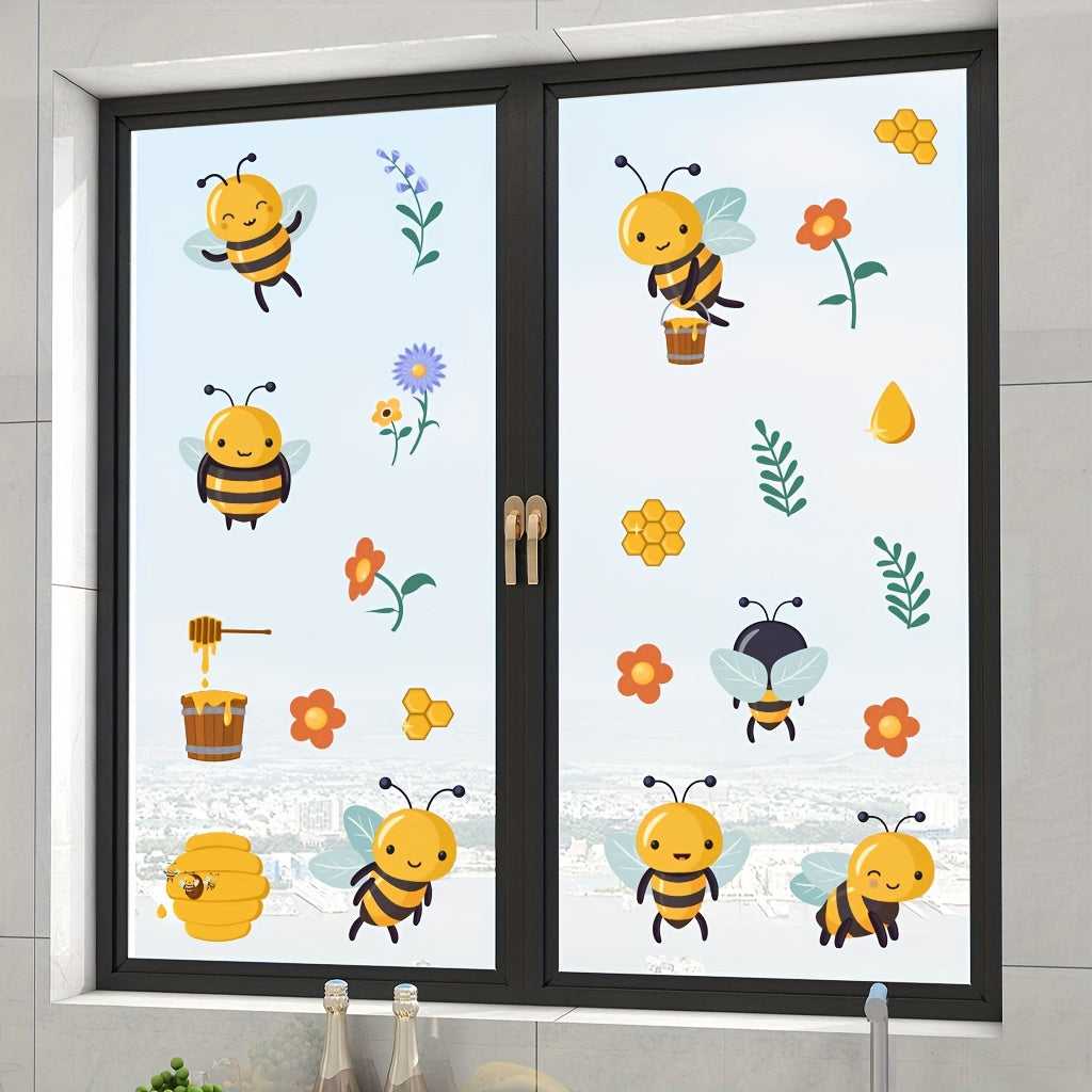 Set of 2 Cartoon Bee and Flower Window Stickers, Reusable, 29.97cm x 20.07cm