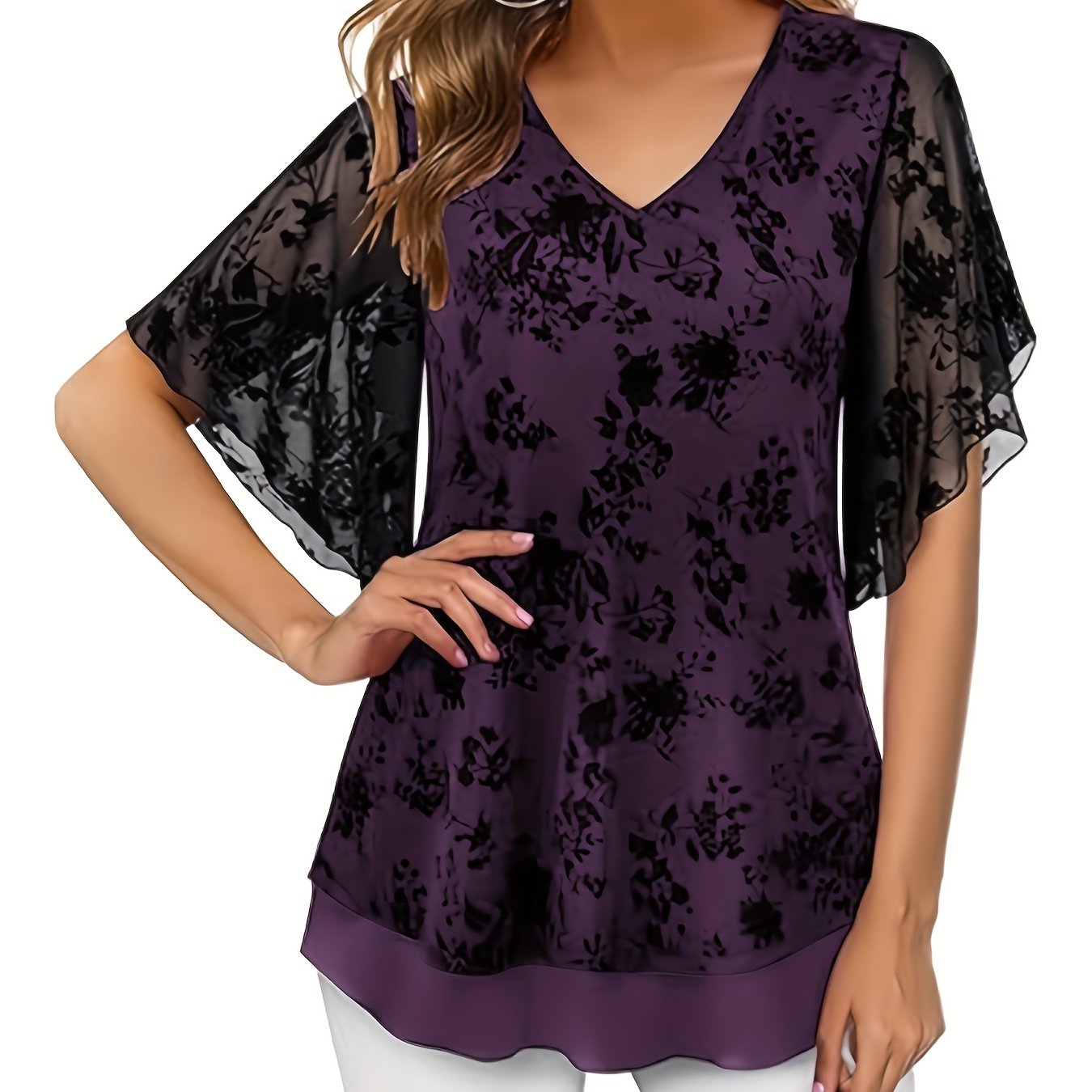Women Plus Size Double Layer Mesh Elegant Blouses