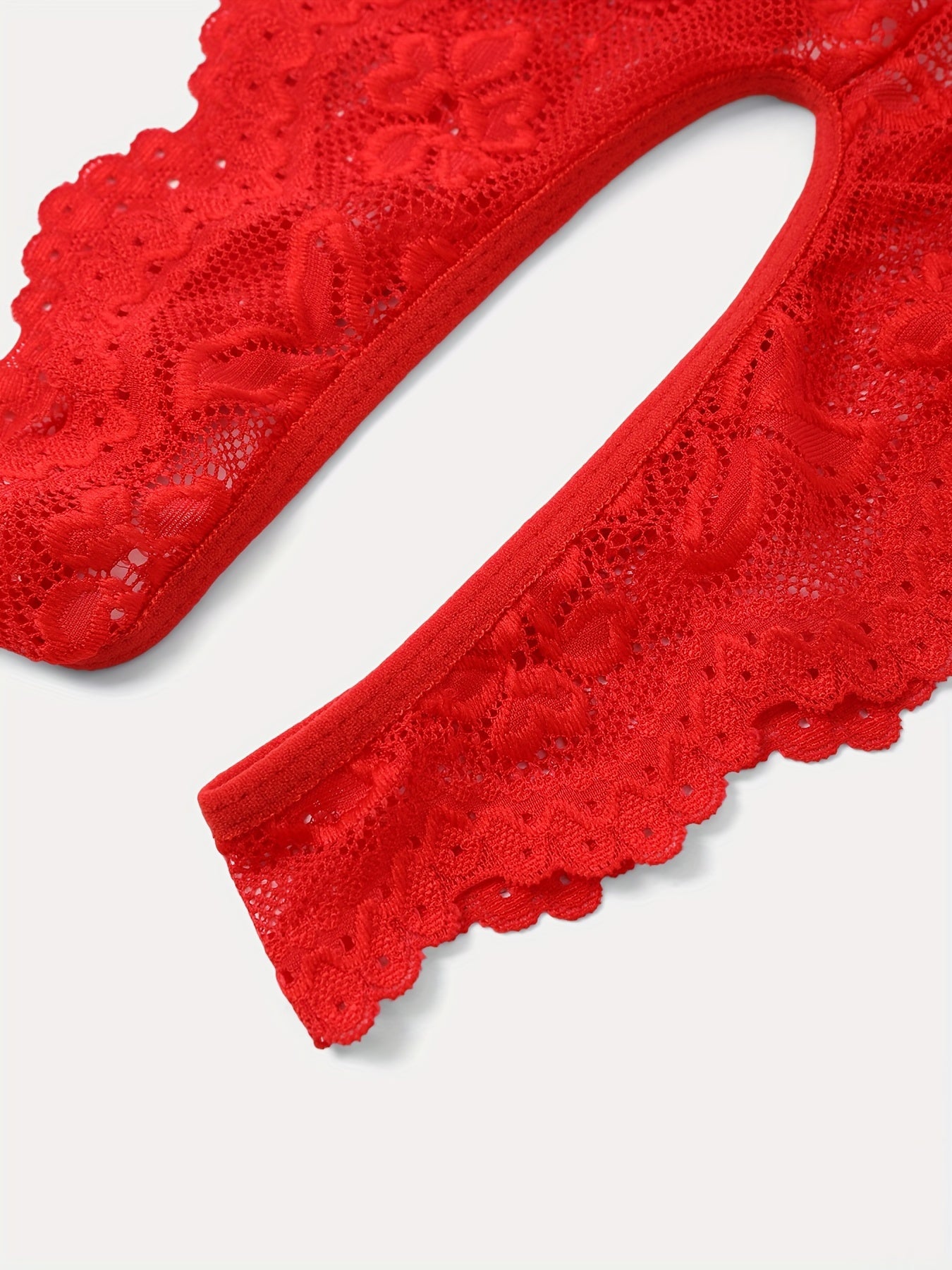 Women's Red Lace Bodysuit with Deep V-Neck and Floral Print Nylon Lingerie