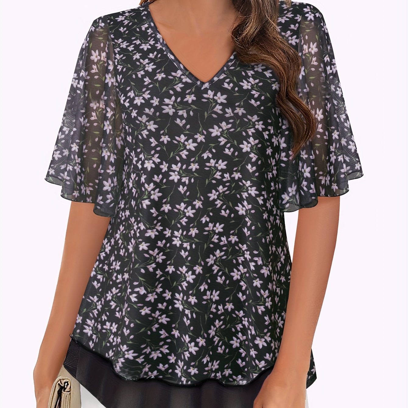 Women's Mesh Blouse Short Sleeve V-Neck Floral Ruffle Summer Tunic Top