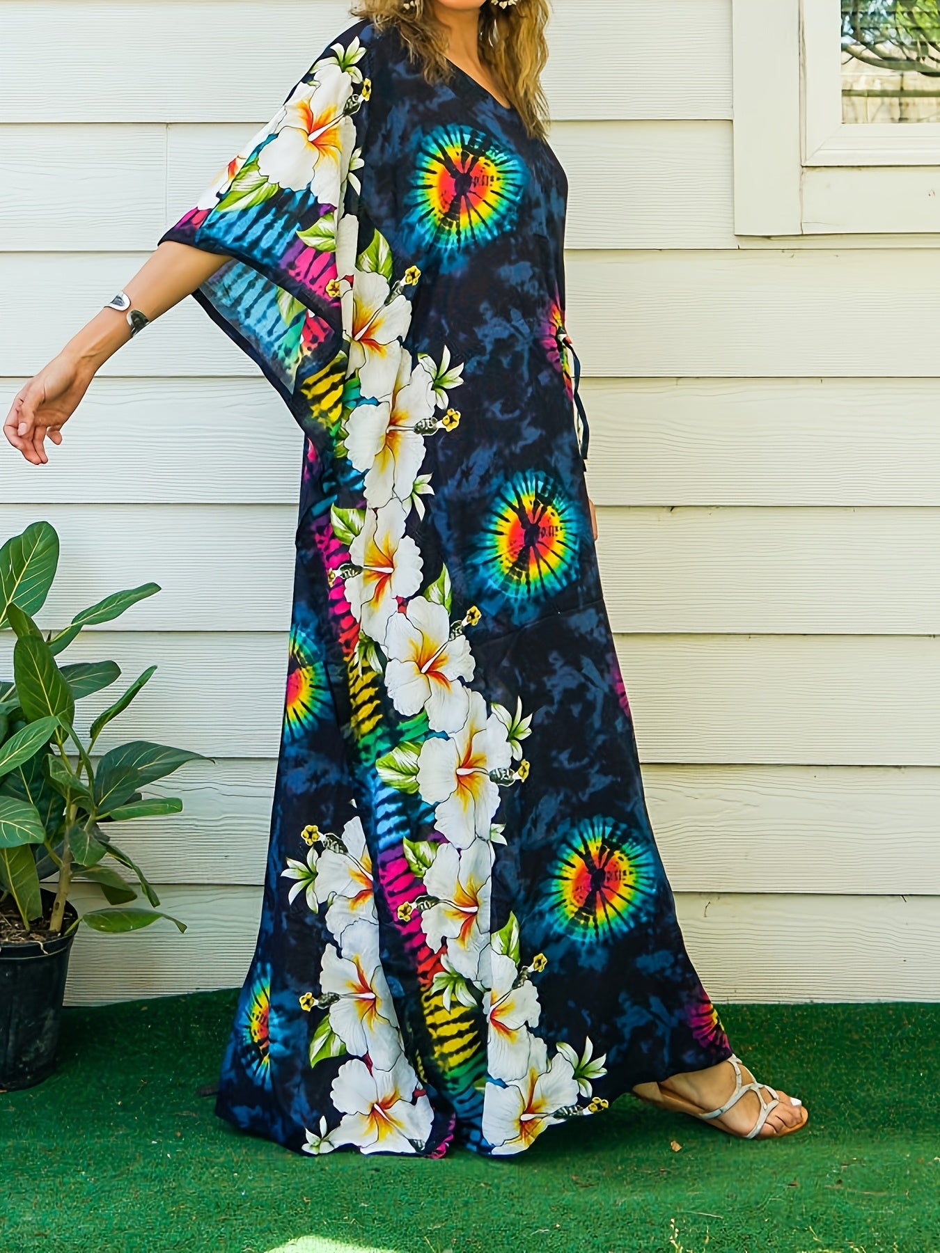 Women's Plus Size V-Neck Floral Print Kaftan Dress with Batwing Sleeves