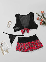 Women's Festival Costume Mesh Bra and Plaid Skirt Lingerie Set