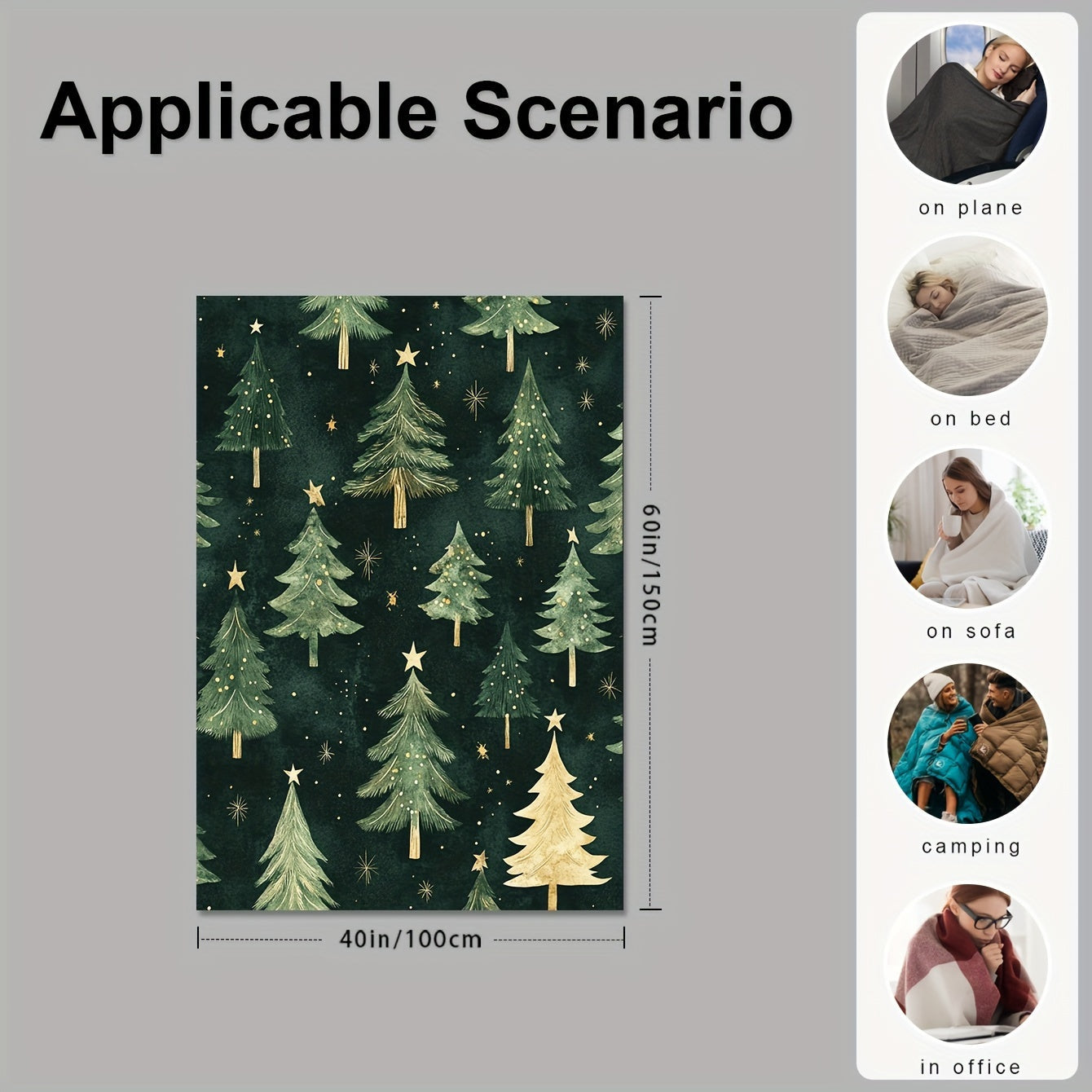 Green Christmas Tree Print Flannel Fleece Throw Blanket Soft Warm Machine Washable
