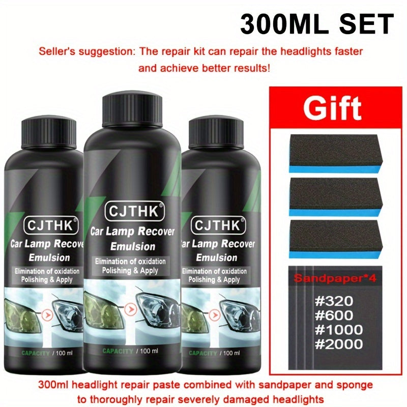 Universal Car Headlight Restoration Kit Including Polishing Agent and Repair Liquid