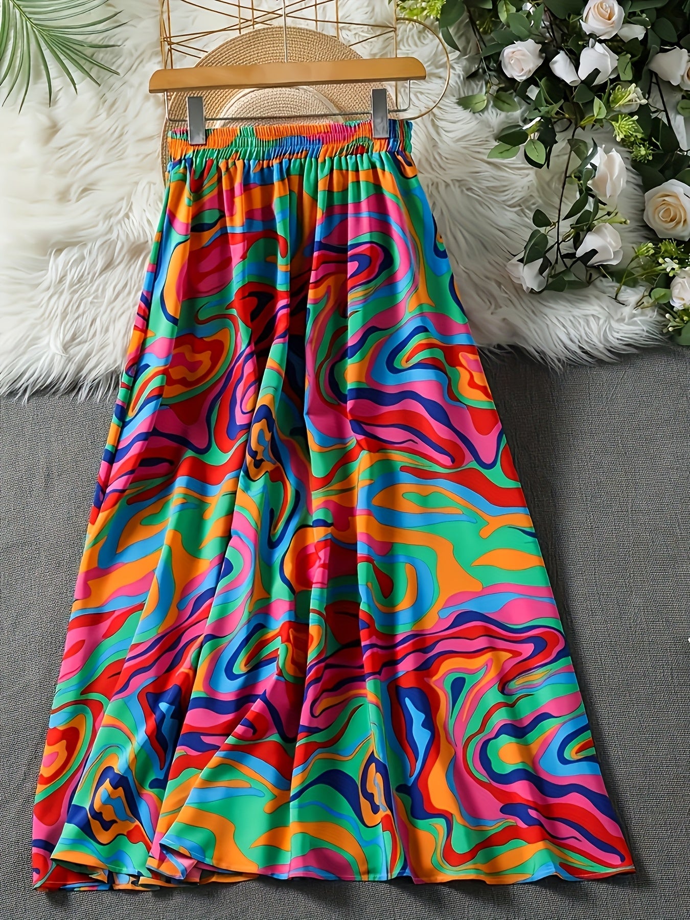 Falda midi casual de talla grande para mujer con estampado abstracto, tela fluida