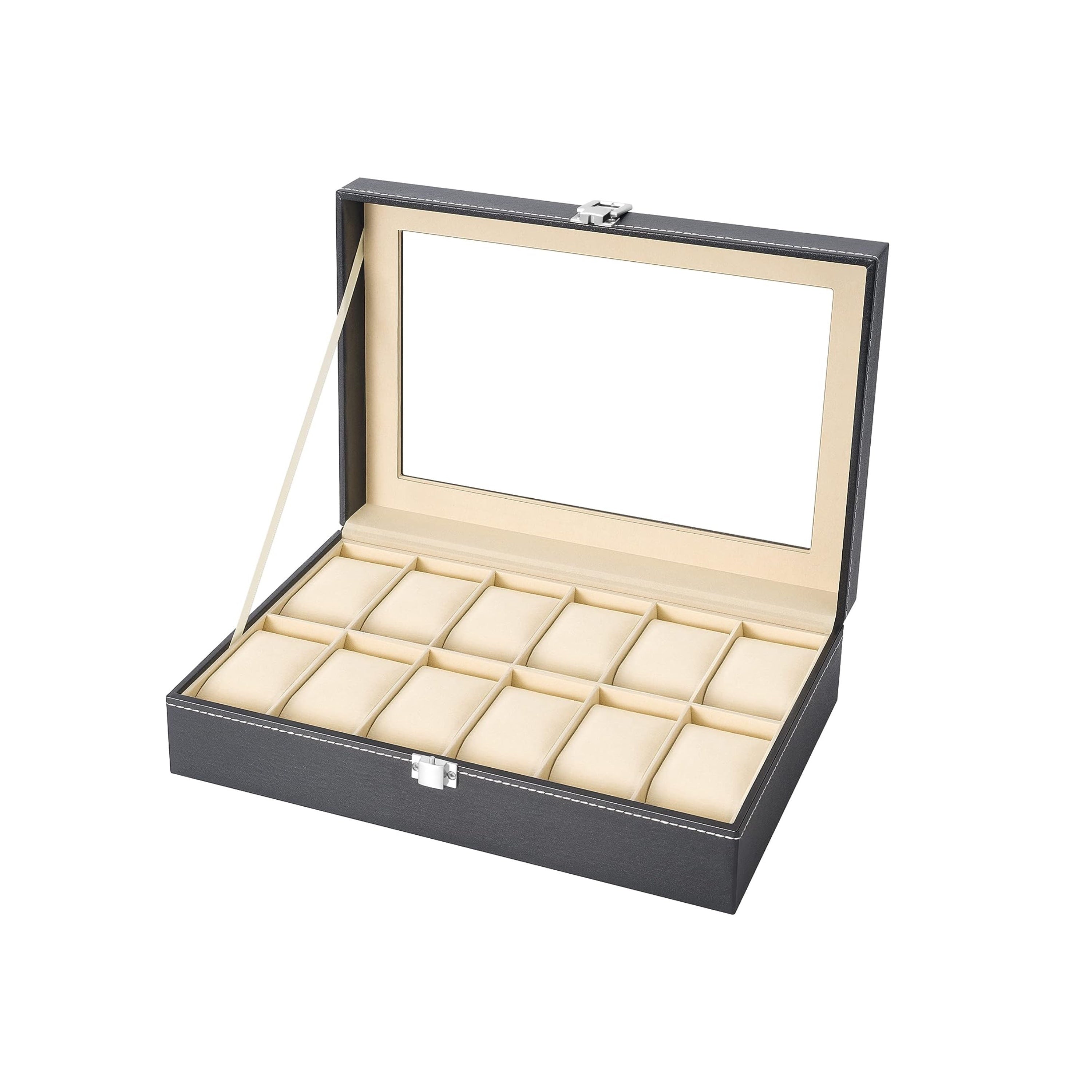 Leather Watch Storage Box with Glass Top for 1, 6, 12, or 24 Watches