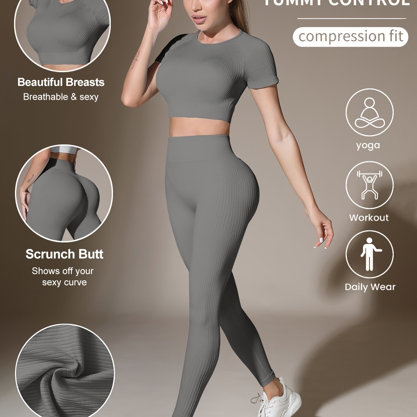 Women's Activewear Set for Workout and Running Breathable Yoga Top High Waist Leggings Solid Color