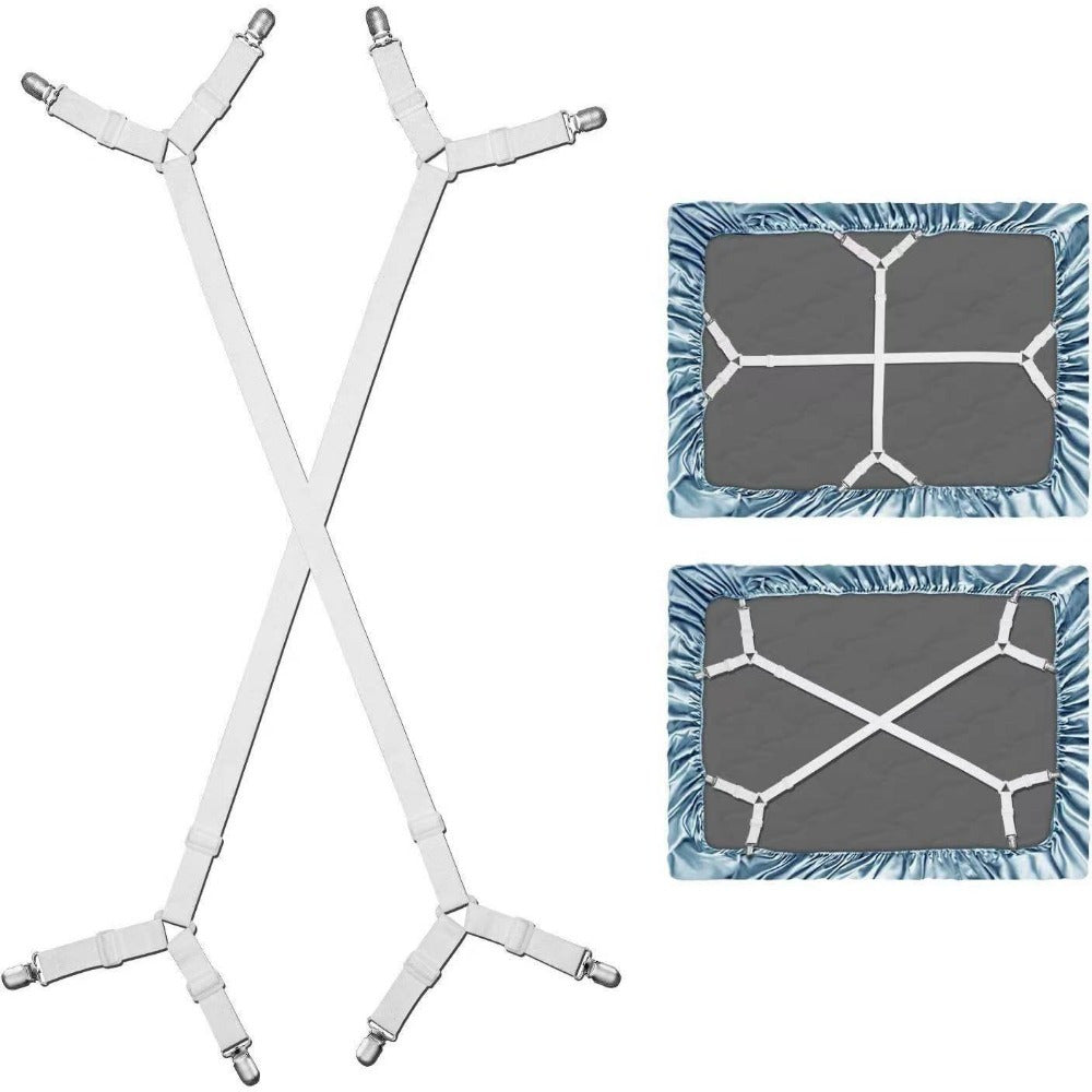 Set of 2 or 4 White Nylon Bed Sheet Straps Adjustable Elastic Suspenders