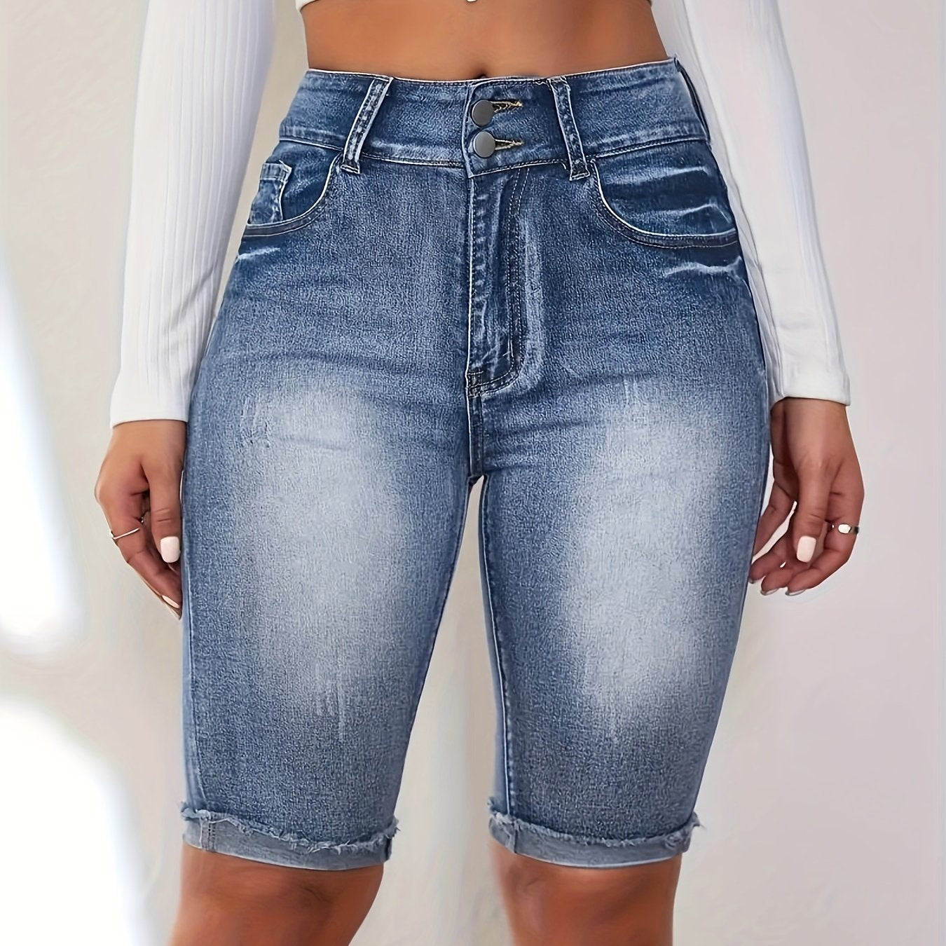 Plus Size Women's Washed Blue Stretch Bermuda Denim Shorts